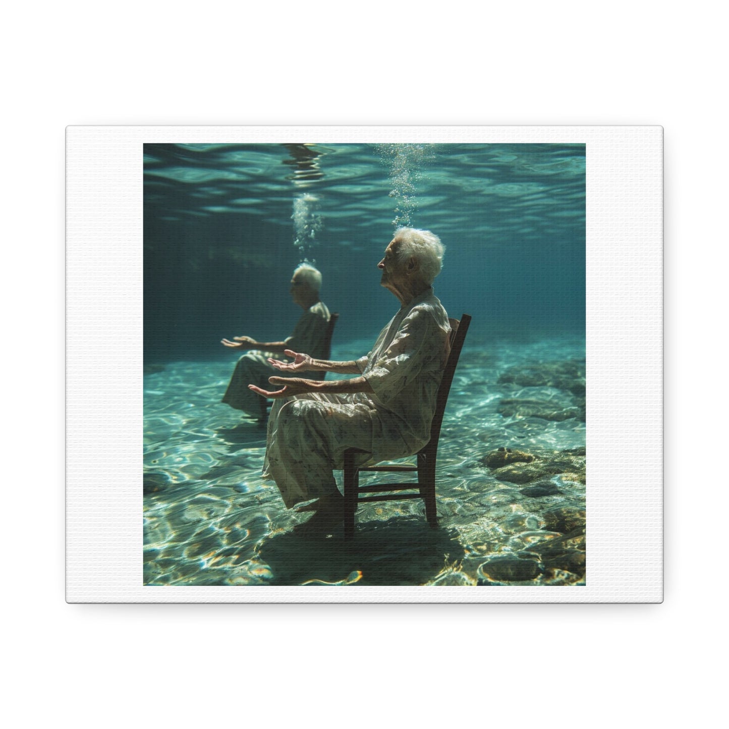 Meditating at Peace Under Water Art Print 'Designed by AI' on Satin Canvas