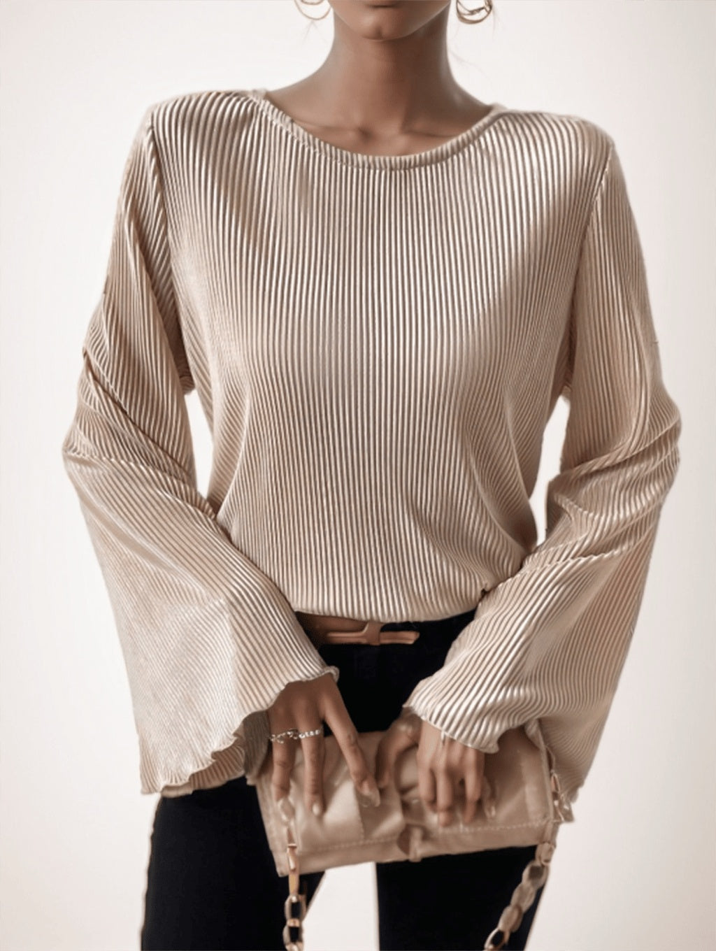 Women's Round Neck Loose Fit Bell-Sleeve Casual Ribbed Top