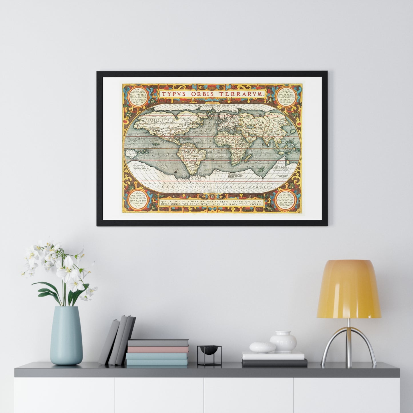 Map of the World 'Typus Orbis Terrarum' (1570-1595) by Abraham Ortelius, from the Original, Framed Art Print