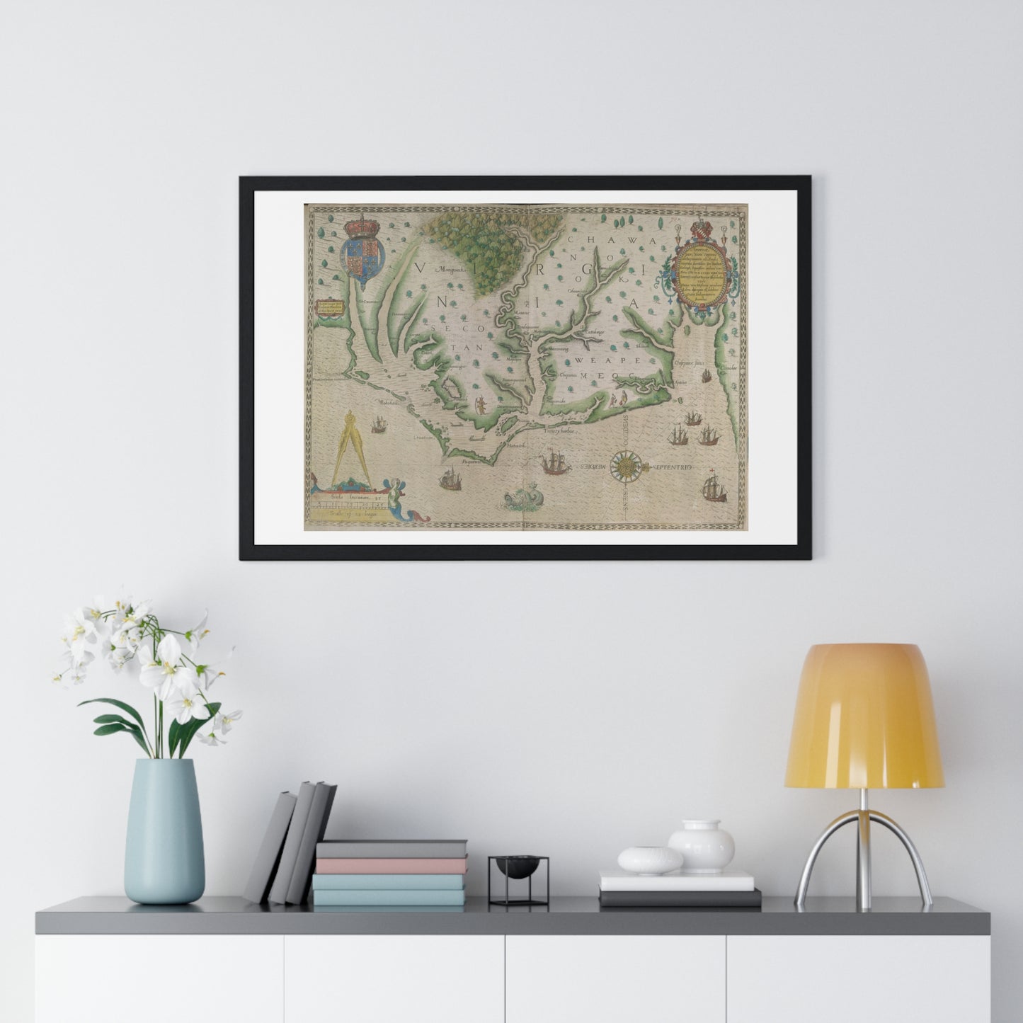 Engraved Map of Virginia (1618) Showing the Arrival of Sir Walter Raleigh's Expedition, from the Original, Framed Print