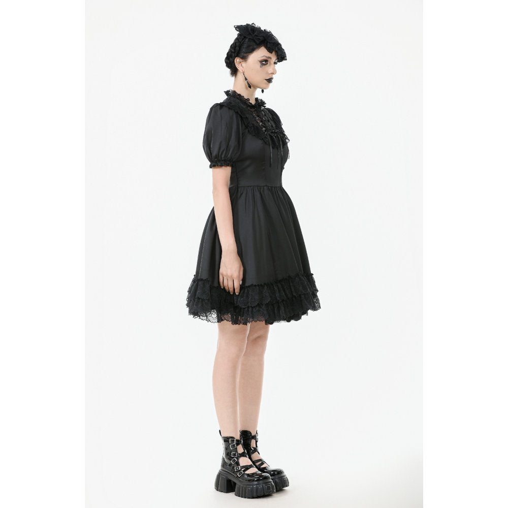 Dark in Love Belladonna Lace-Up High Collar Puff Sleeve Goth Dress, Plus Sizes
