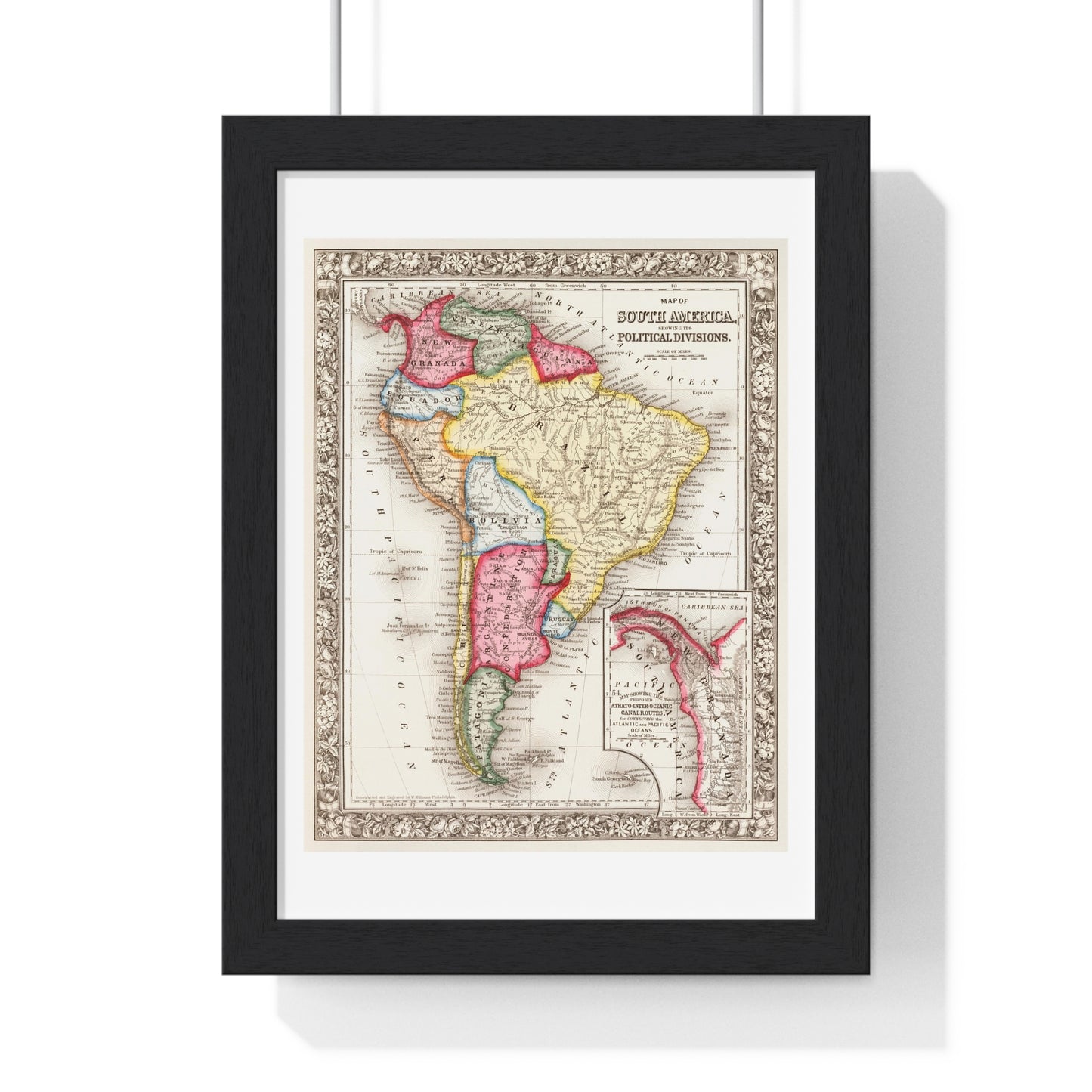 Antique Map of South America, Showing its Political Divisions (1863) by Samuel Augustus Mitchell, from the Original, Framed Art Print