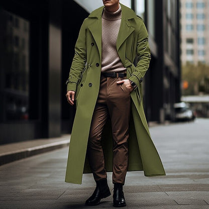 Vireous Long Trench Coat, Large Lapel Double-Breasted Belt Men's Coat