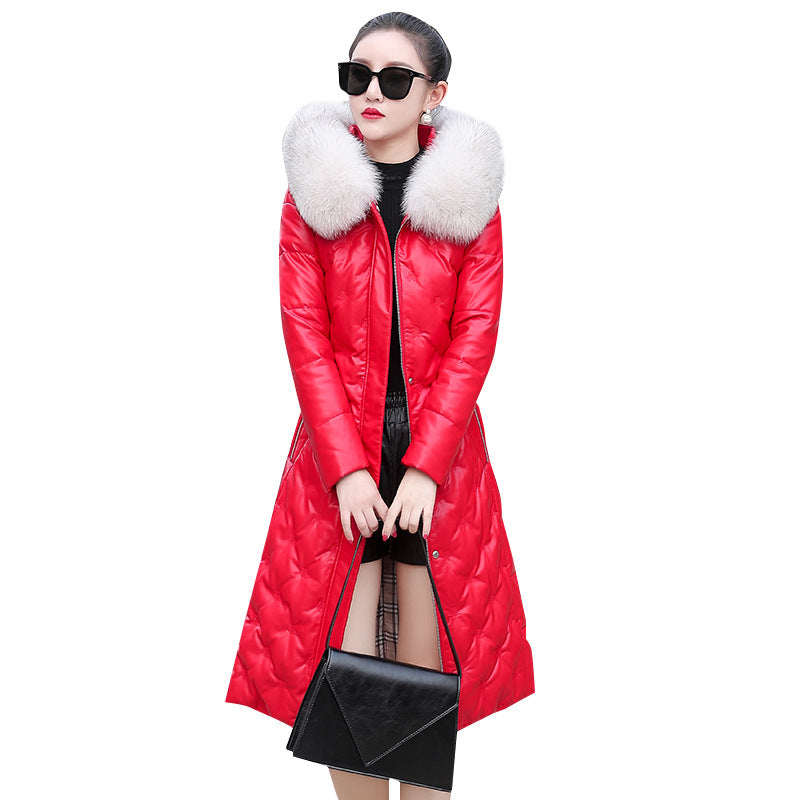 Down Jacket Mid-Length Hooded Women's Leather Jacket