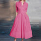 Vireous Classic Voluminous Button-Front Pink Dress, Midi Skirt