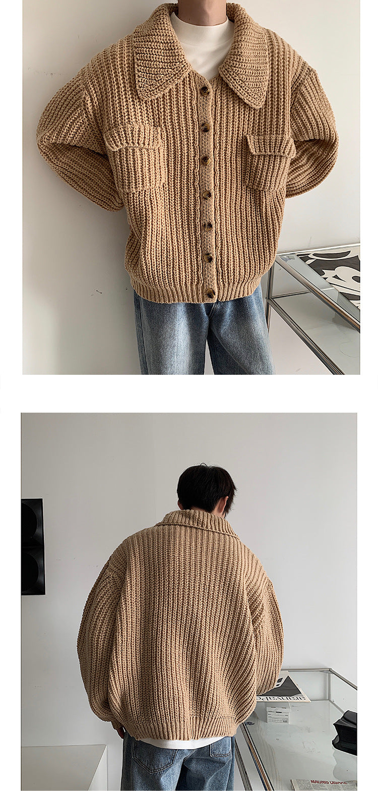 Vireous Retro 1970s Lapel Single-Breasted Men's Cardigan Sweater Coat