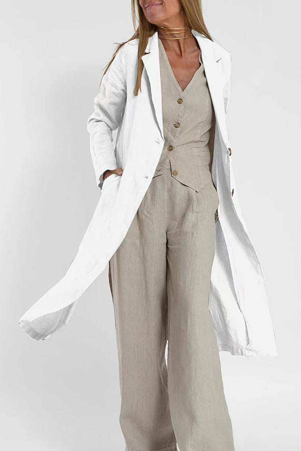 Vireous Women's Fashion Casual Cotton Linen Suit-Collar Trench Coat