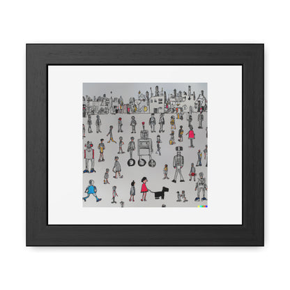 Robots et humains dans le style de Lowry 'Designed by AI' Poster encadré en bois en papier mat classique