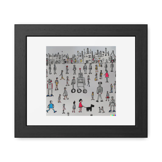 Robots et humains dans le style de Lowry 'Designed by AI' Poster encadré en bois en papier mat classique