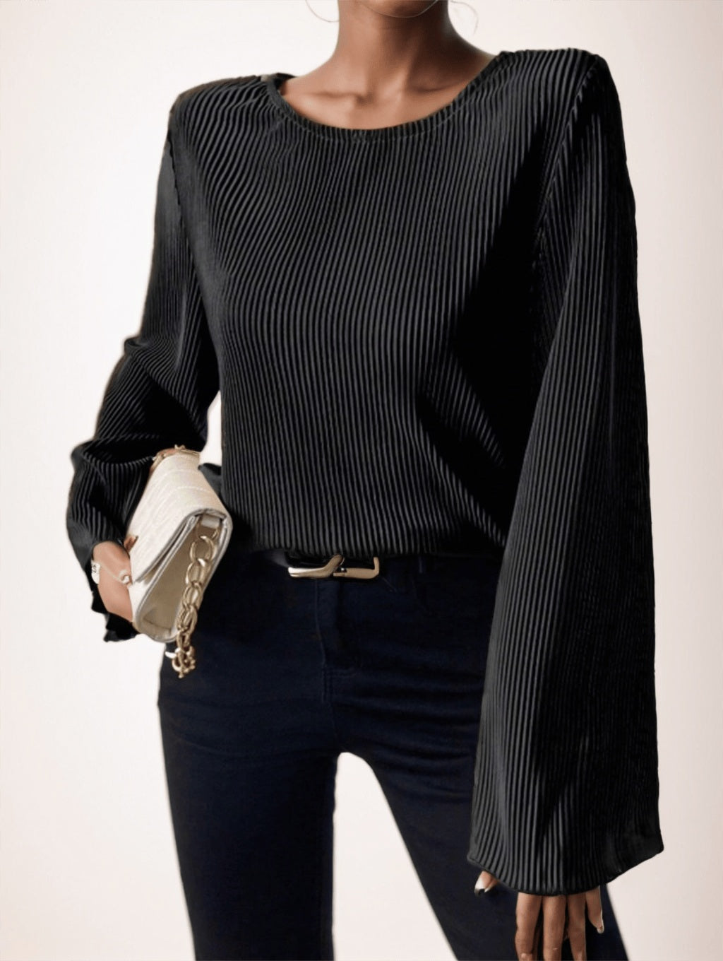 Women's Round Neck Loose Fit Bell-Sleeve Casual Ribbed Top