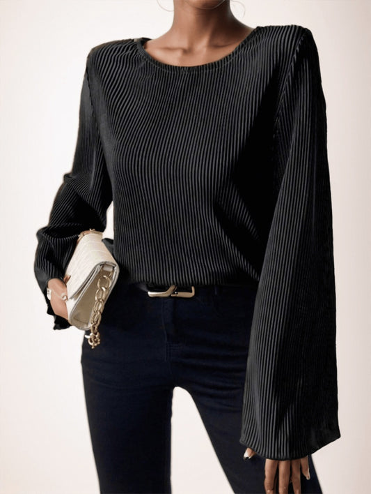 Women's Round Neck Loose Fit Bell-Sleeve Casual Ribbed Top