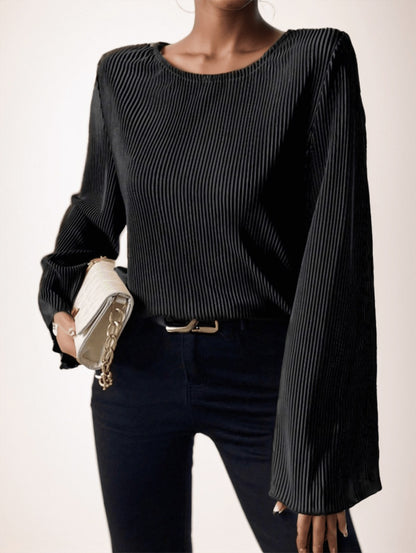 Women's Round Neck Loose Fit Bell-Sleeve Casual Ribbed Top