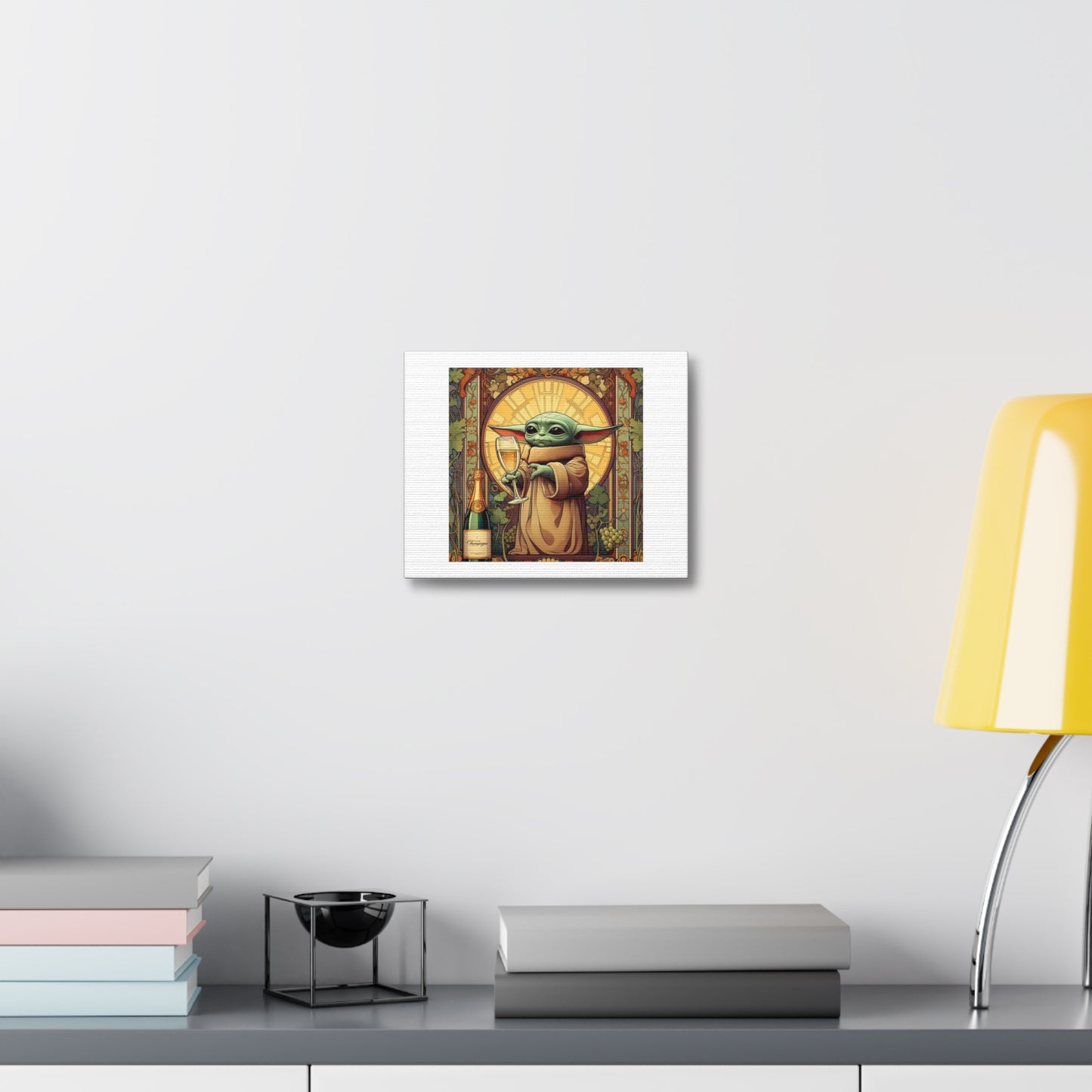 Art Nouveau Style Baby Yoda With Glass of Champagne in His Hand Art Print ' Designed by AI' on Satin Canvas