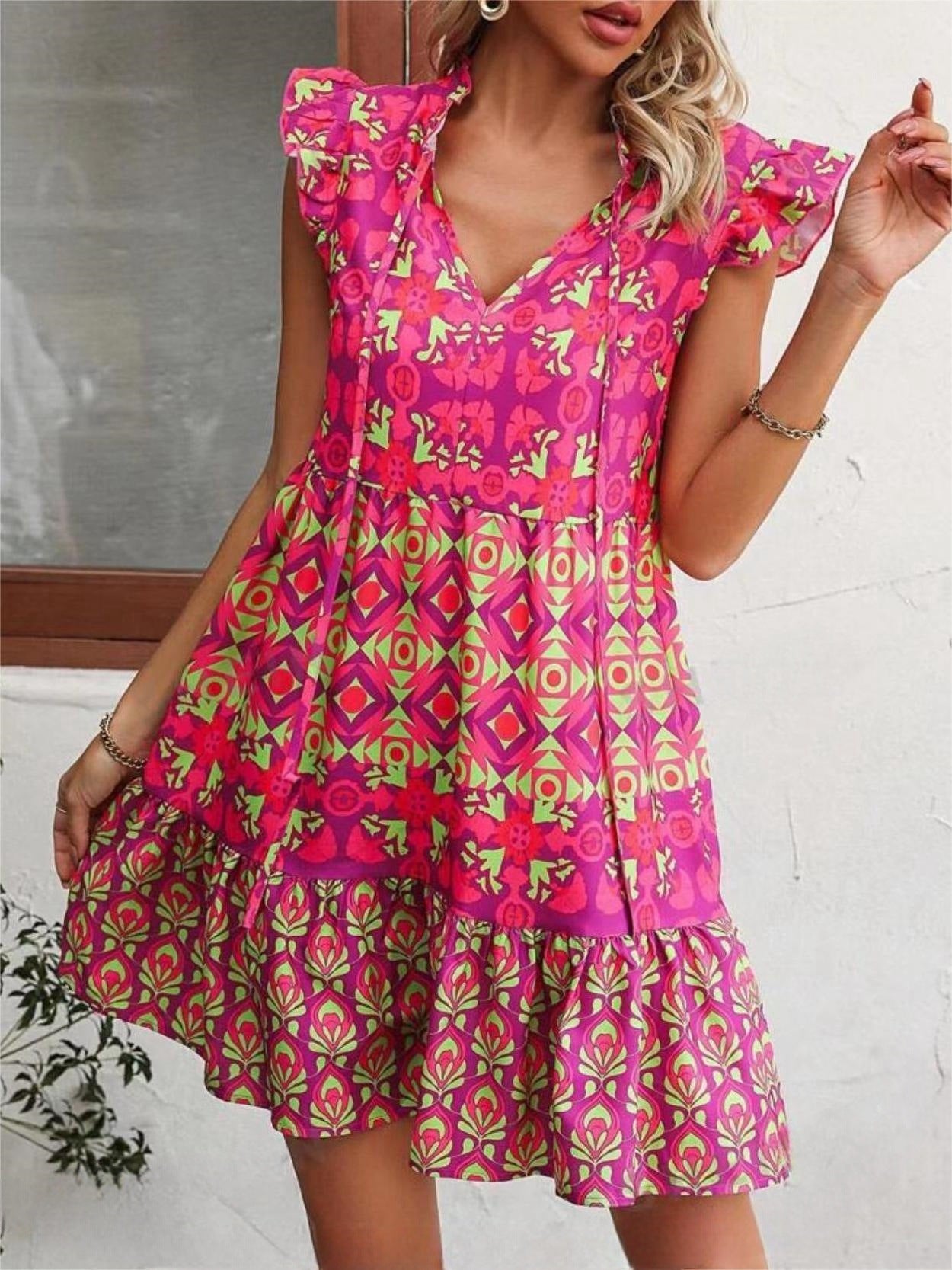 Vireous Pink Print Sleeveless Summer Sun Dress, Straight Tie-Up Dress