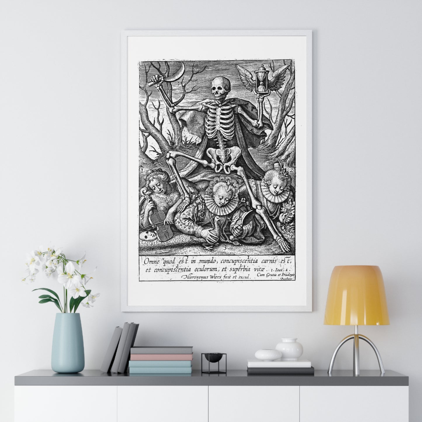 Death Tramples on Three Female Allegorical Figures Representing Sensual Pleasures, Etching by Hieronymus Wierix, Vintage Framed Print