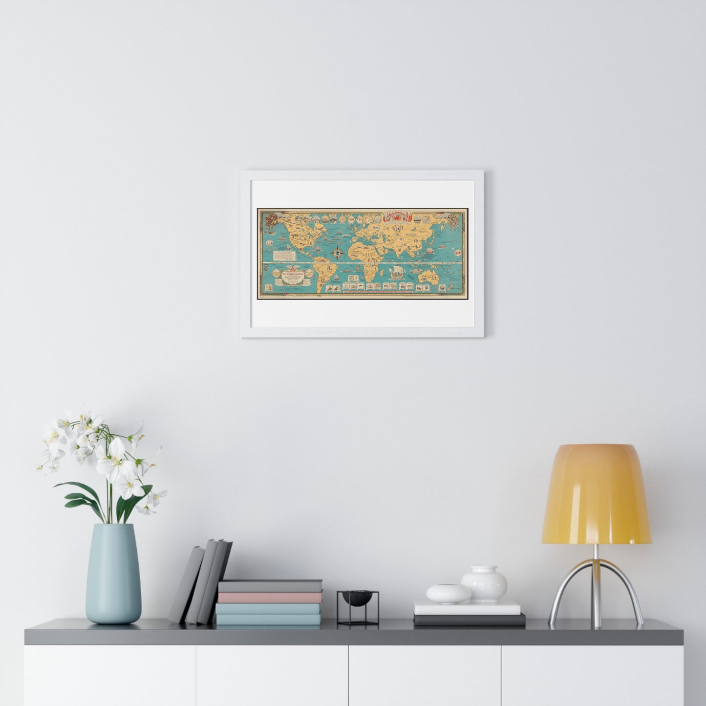 Mercator Map of the World United: A Pictorial History of Transport and Communications and Paths to Permanent Peace (1944), from the Original, Framed Art Print