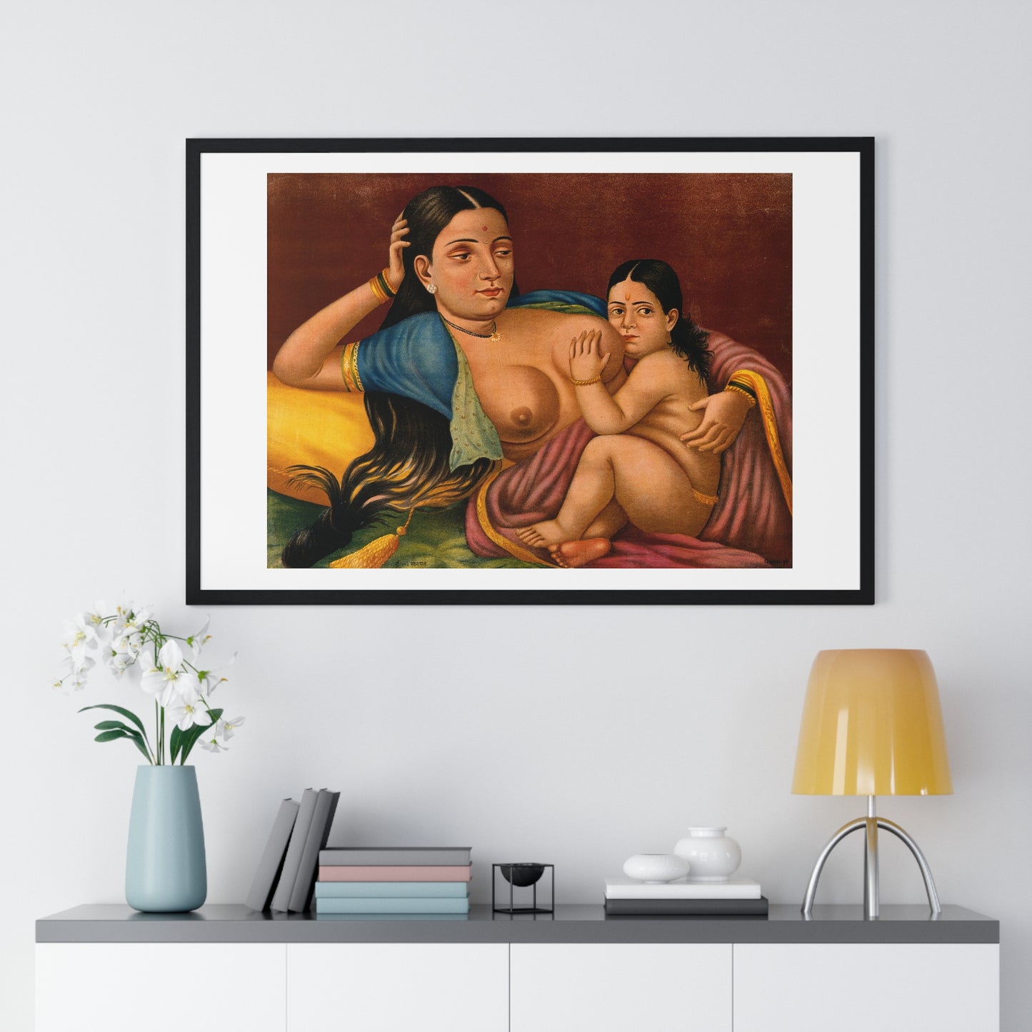 Woman Suckling an Infant, Indian Chromolithograph, from the Original, Framed Art Print