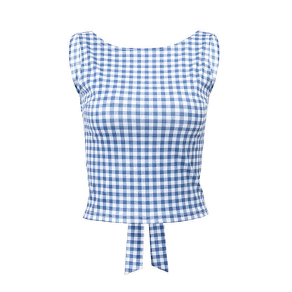 Houndstooth Bow Strap Elegant Slim Vest Top