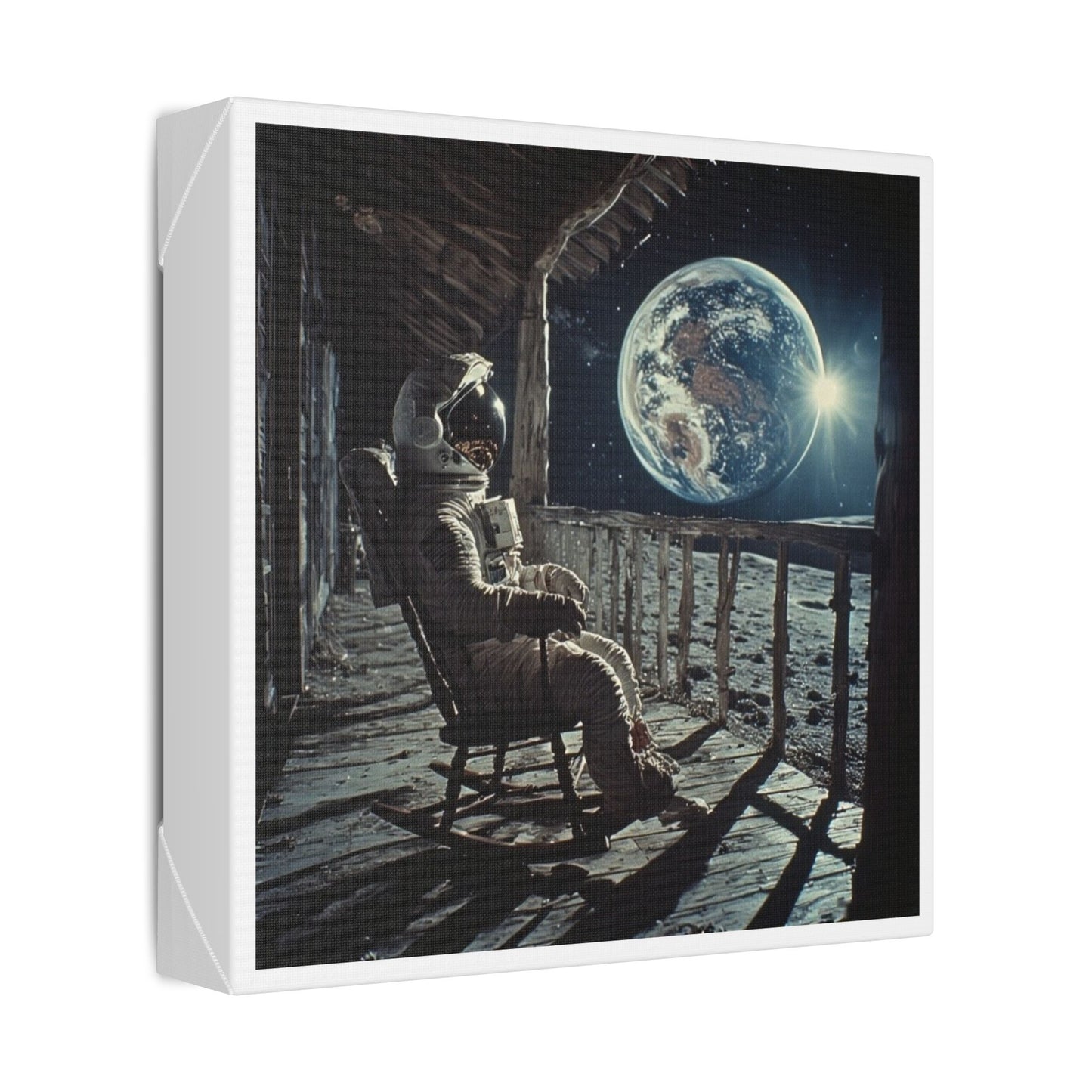 Astronaut on the Moon Sitting in a Rocking Chair on the Porch of a Farmhouse, Photorealism 'Designed by AI' Canvas Art Print