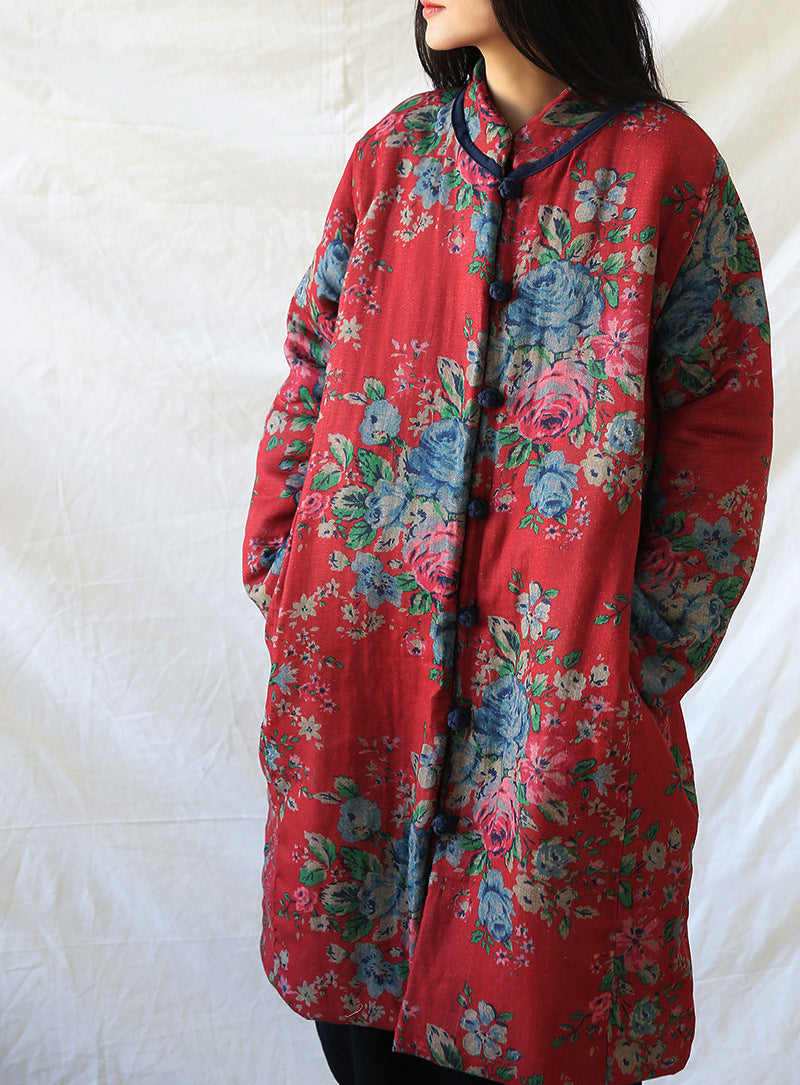 Vireous Cotton and Linen Women's Floral Retro Art Padded Coat