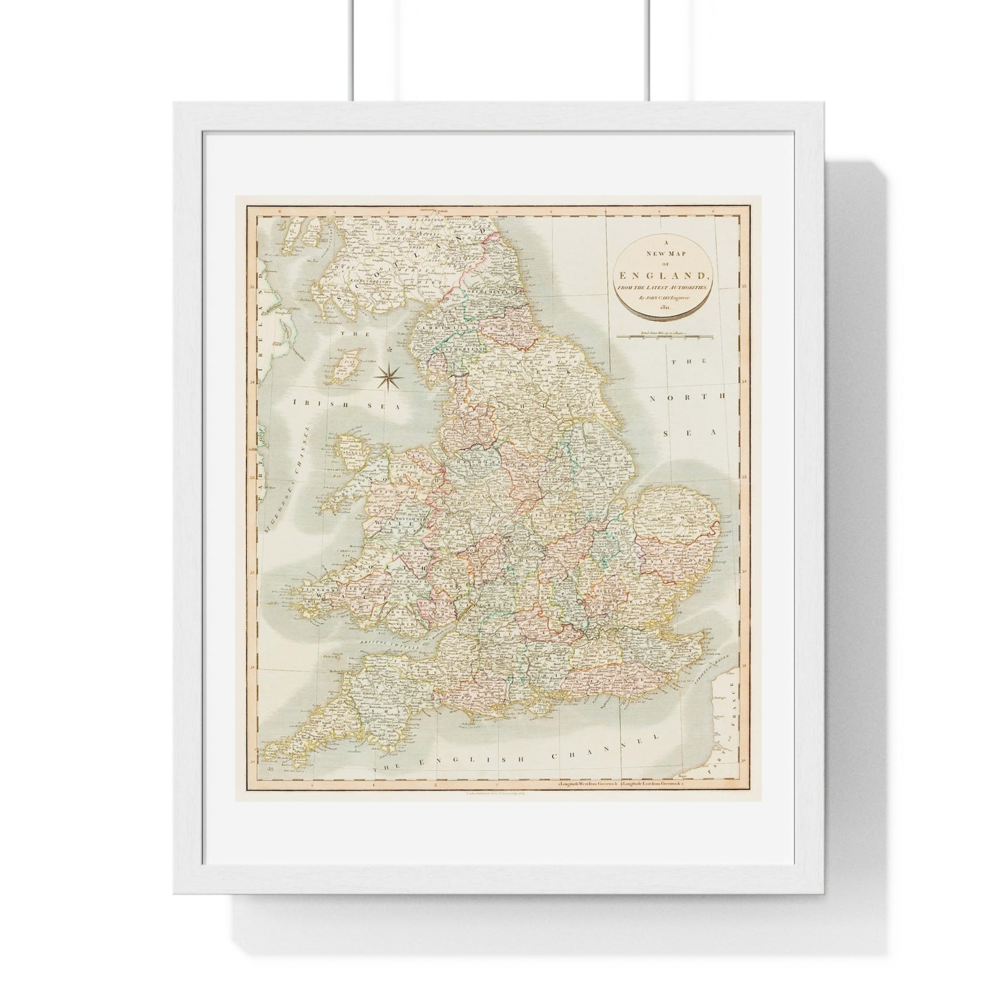 Antique Map: A New Map of England (1811) by John Cary from the Original, Framed Art Print