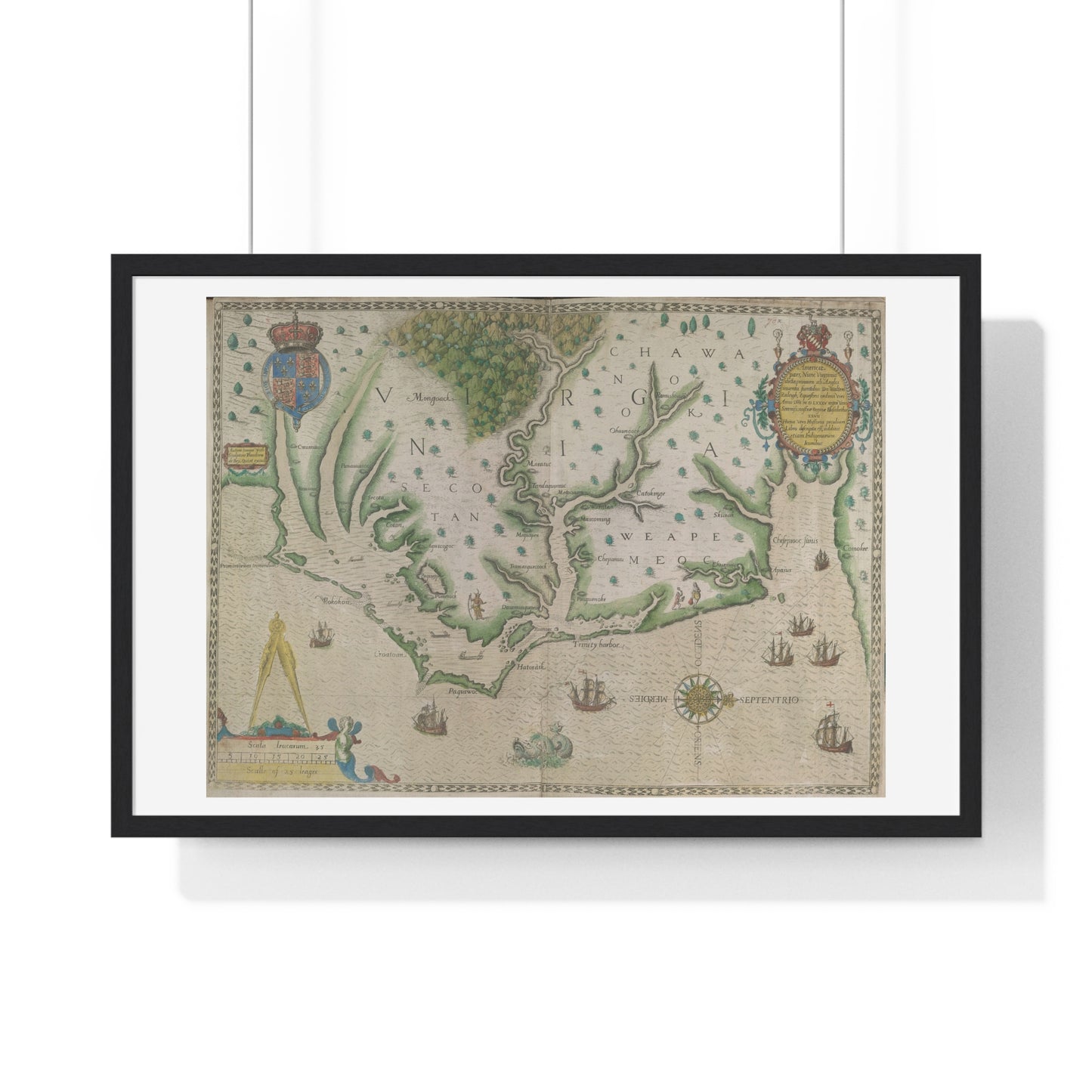 Engraved Map of Virginia (1618) Showing the Arrival of Sir Walter Raleigh's Expedition, from the Original, Framed Print