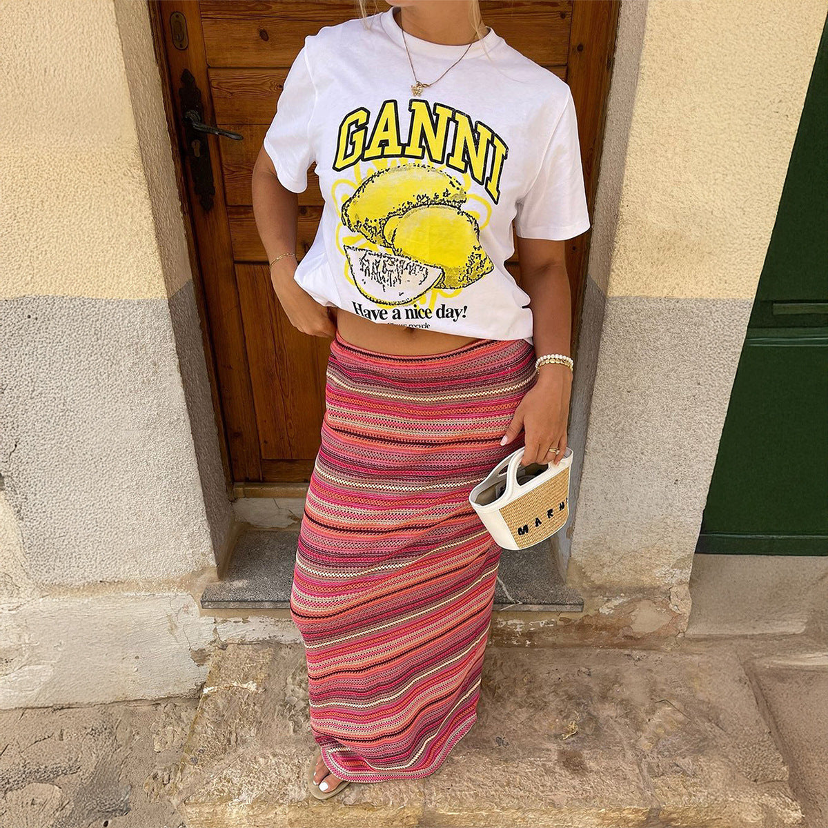 Vireous Resort-Style Striped-Knit Casual Beach Skirt in Pink