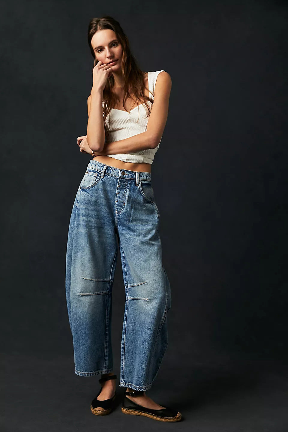High-Stretch Mid-Rise Barrel Jeans, Fashion Wide Leg Women's Jeans