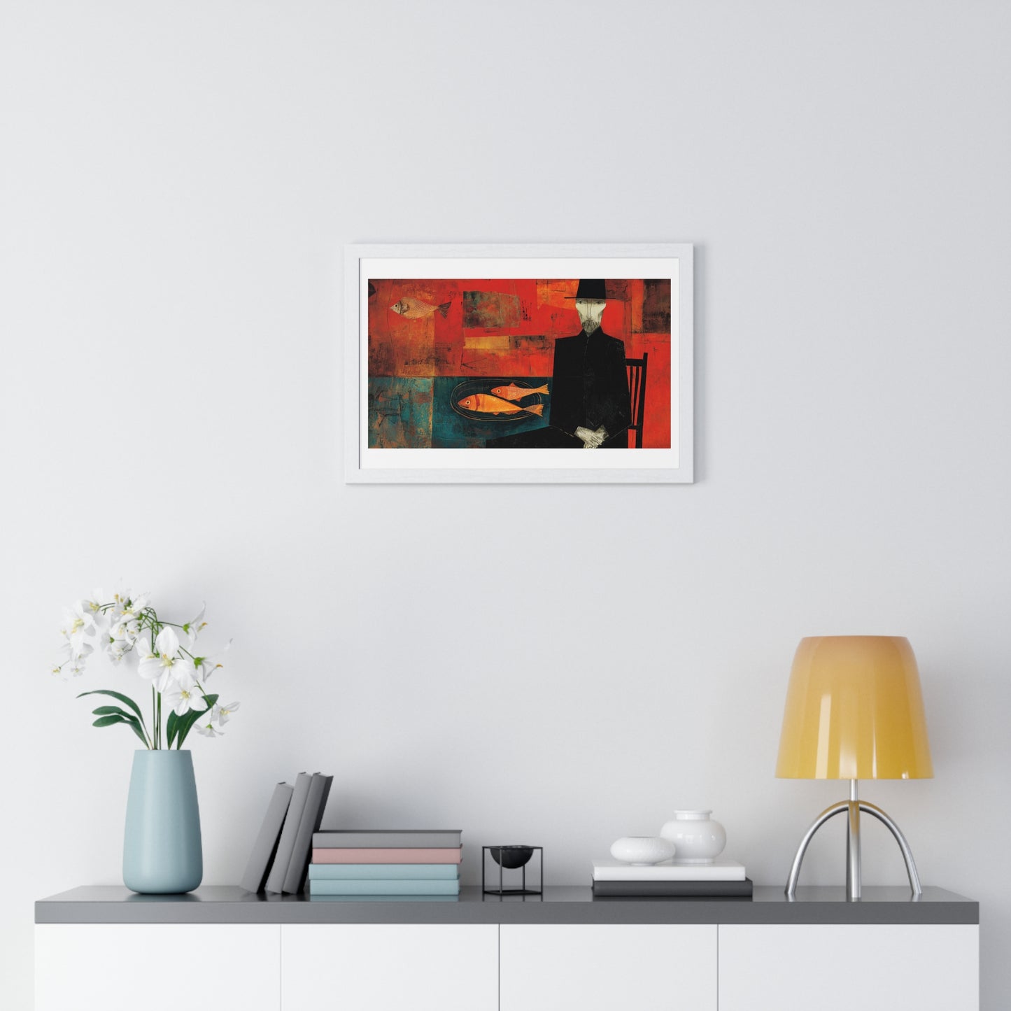 The Man and the Golden Fish in the Style of Modigliani 'Designed by AI' Framed Art Print