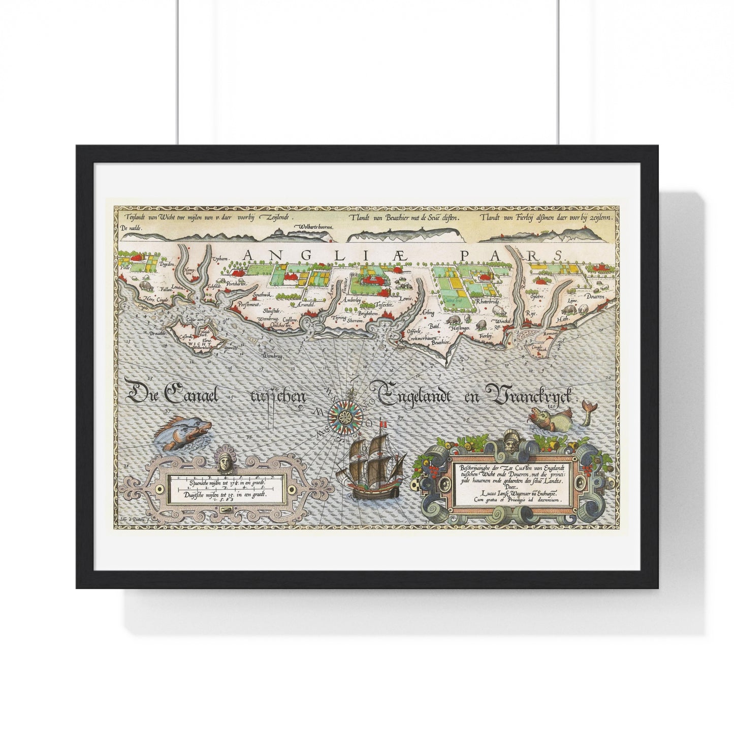 Antique Map of Hampshire and the Isle of Wight 'Kaart van de Zuidengelse Kust Tussen de Isle of Wight en Dover' by Joannes van Doetecum, from the Original, Framed Art Print