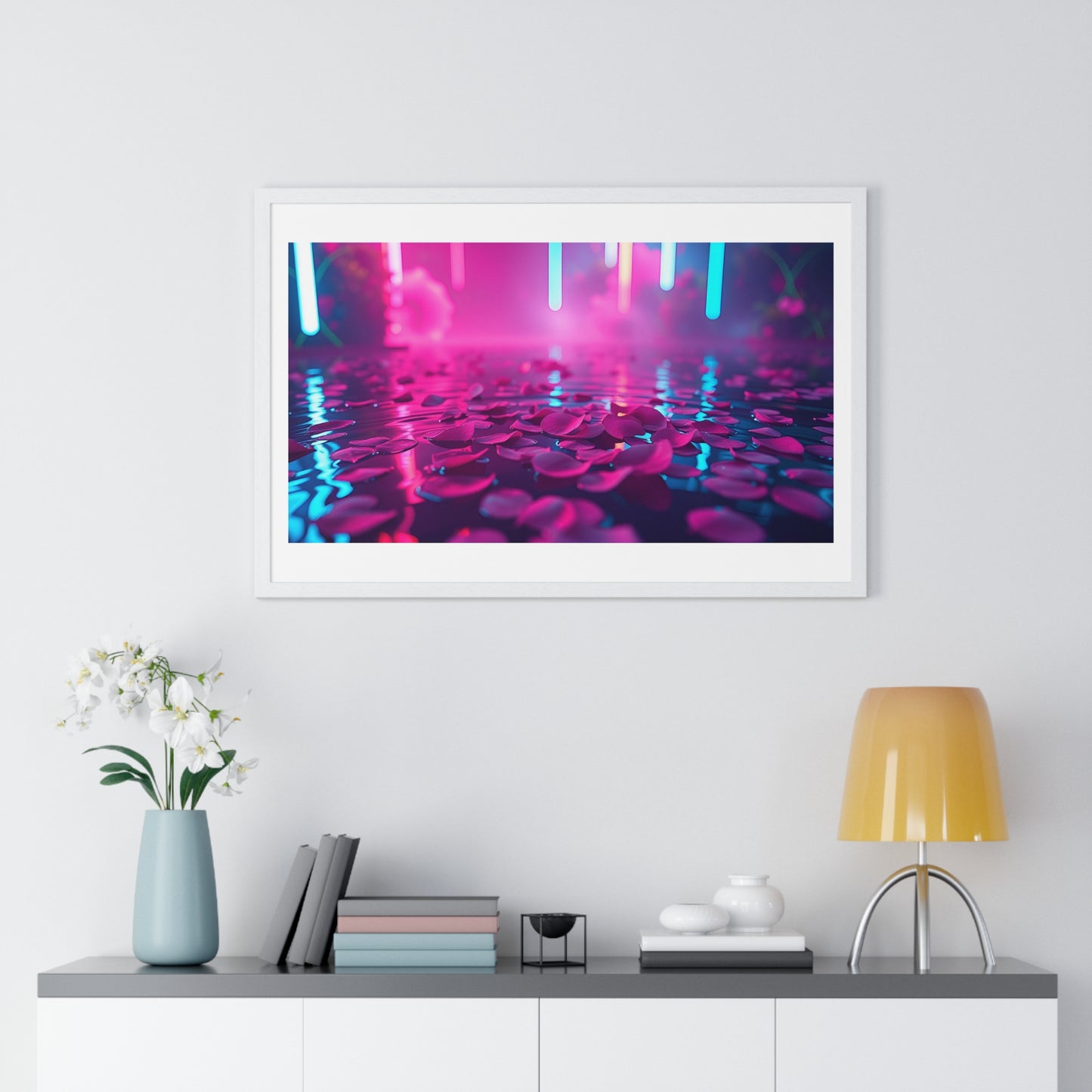 Petals on the Water, Pink Vibrant Art 'Designed by AI' Framed Print