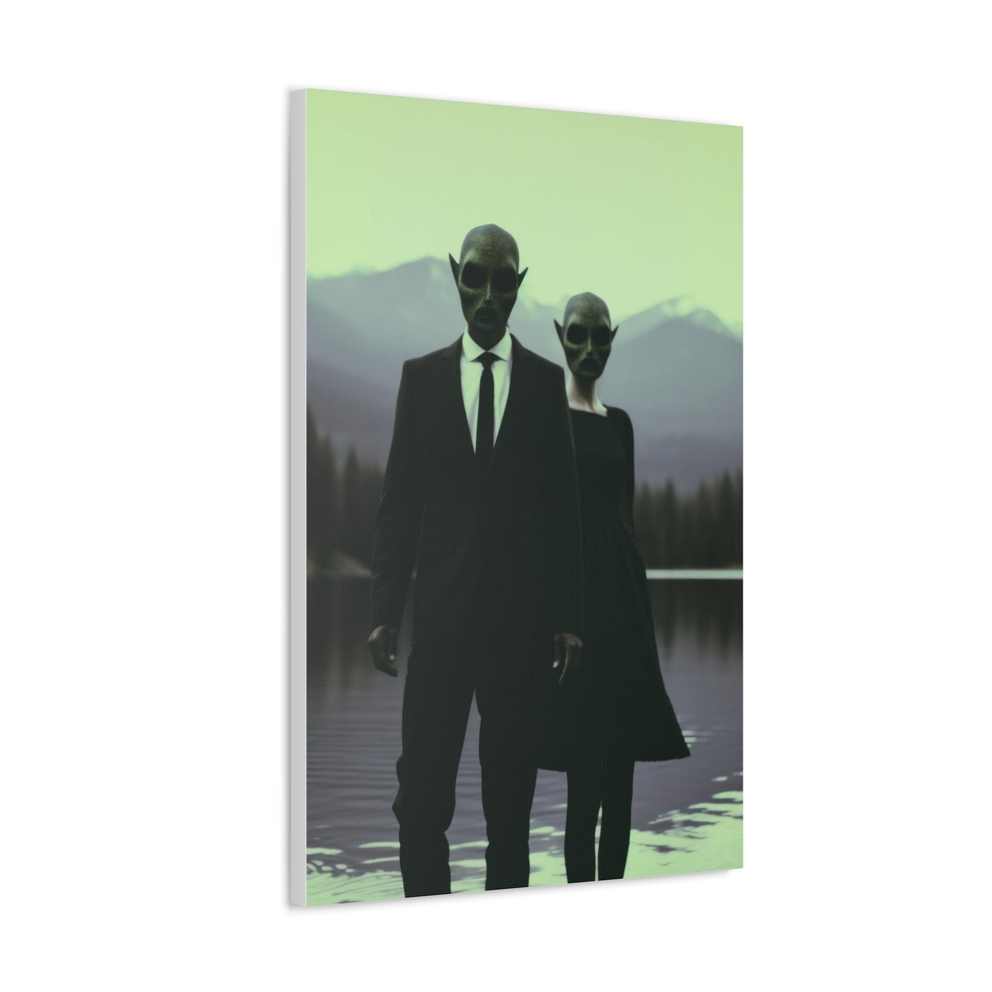 Couple Wearing Alien Mask, Sunglasses Photorealism in Silhouette 'Designed by AI' Art Print on Canvas