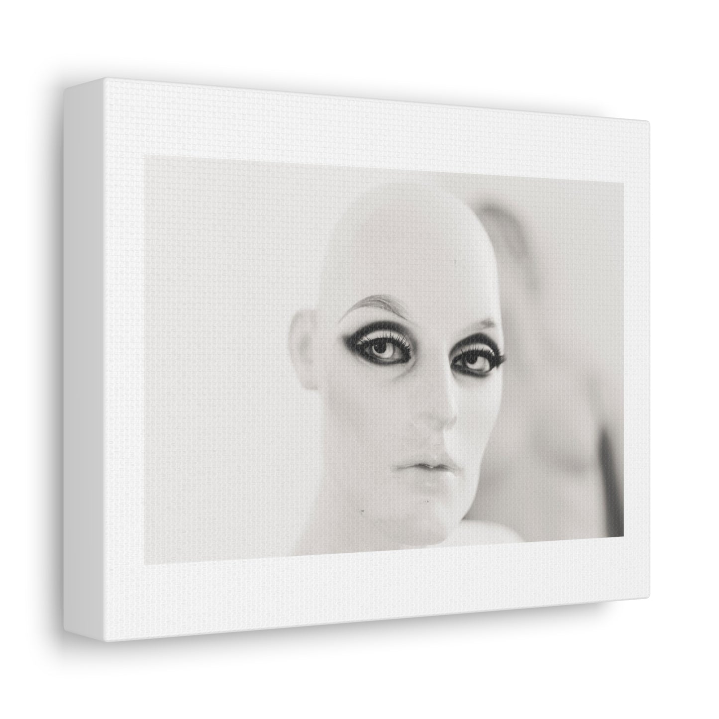 Mannequin Head with Eye Makeup Black & White Photography Print on Satin Canvas, Stretched