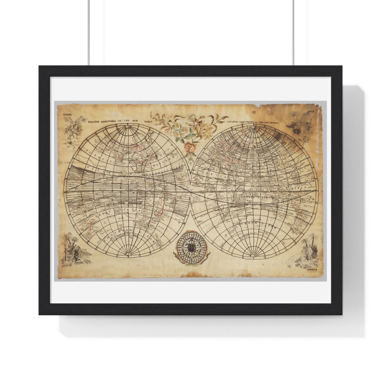 Antique Textile World Map Sampler (1790s) from the Original, Framed Print