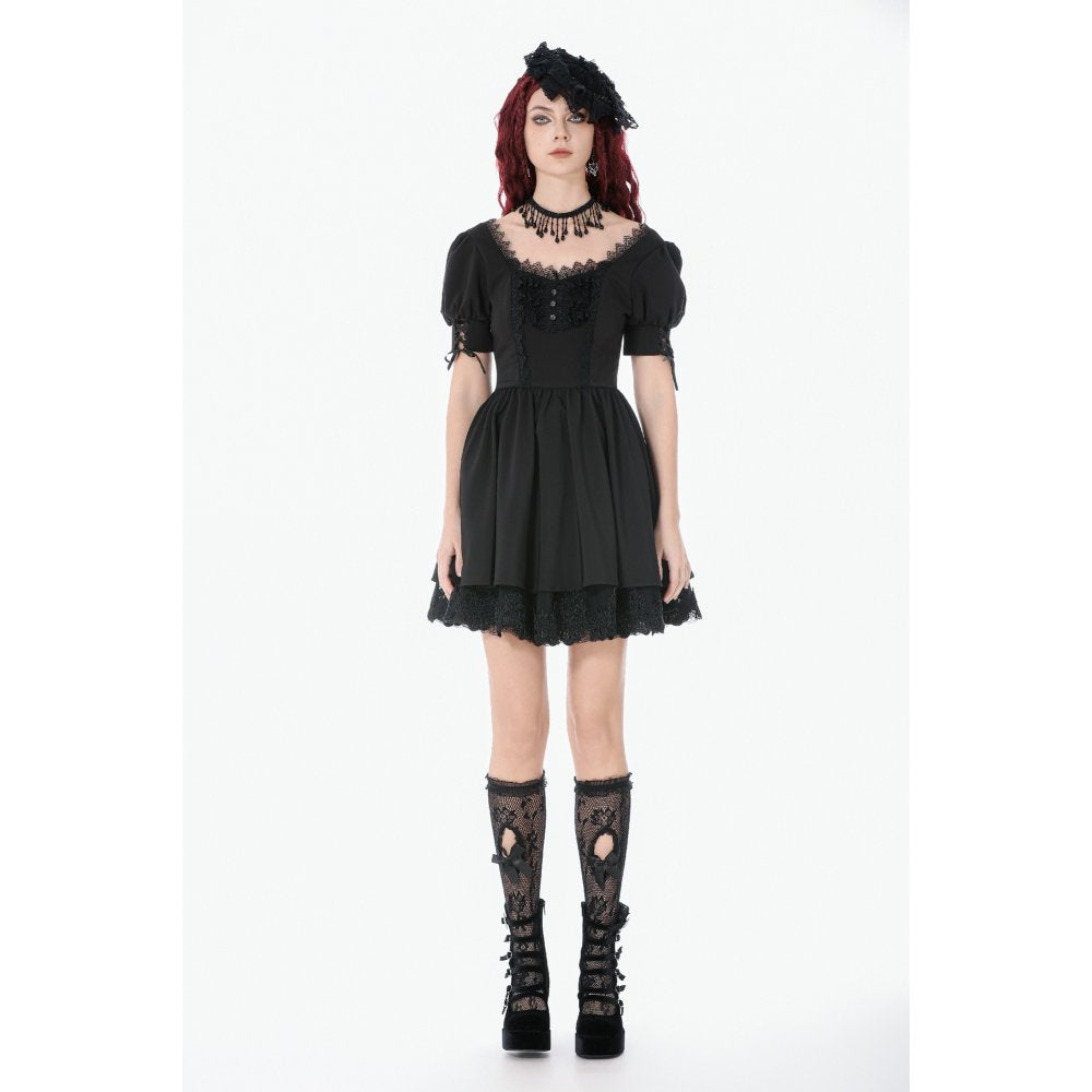Dark in Love Gothic Lace Square-Neck Puff-Sleeve Dress