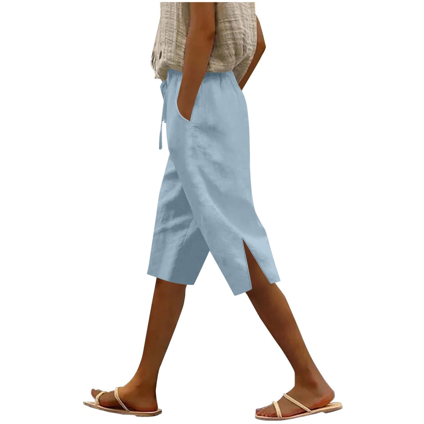 Women's Split Mid-Length Capri Shorts, Summer Casual Elastic Waist, Plus Sizes