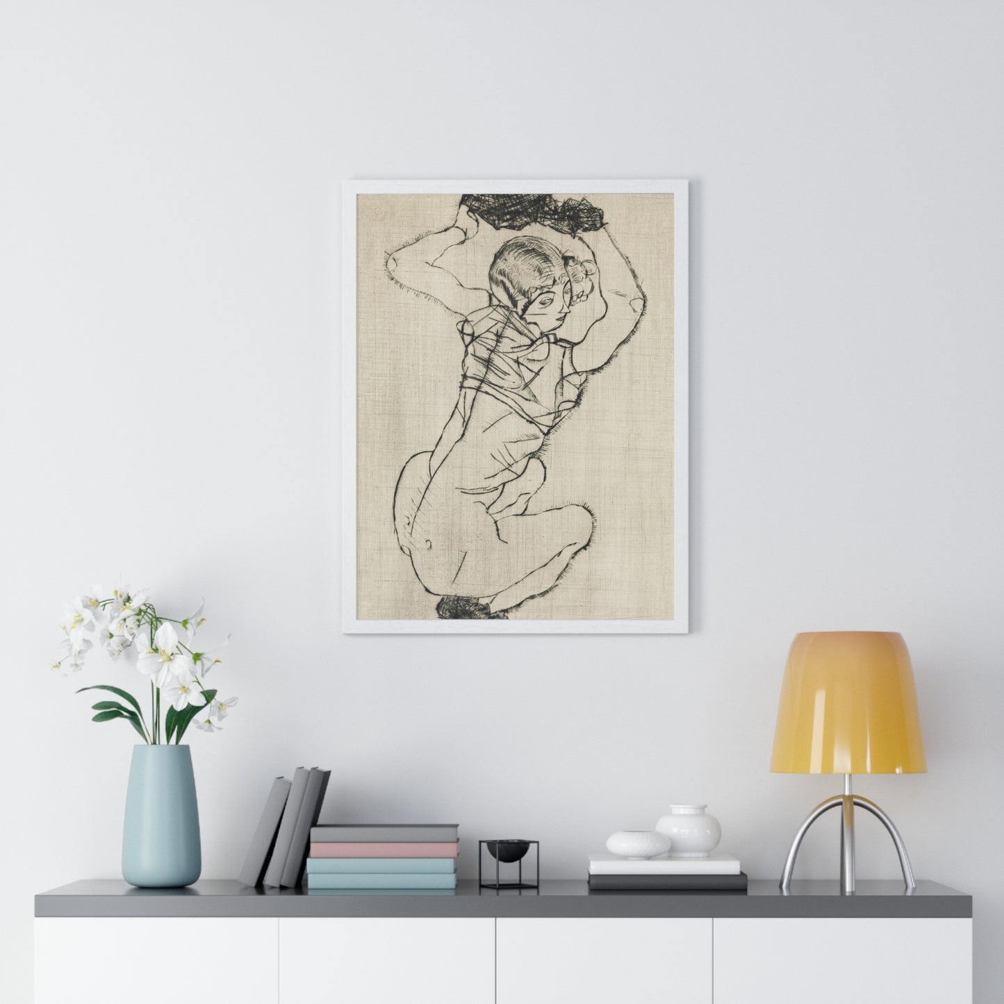 Squatting Woman (1914) by Egon Schiele from the Original, Framed Art Print