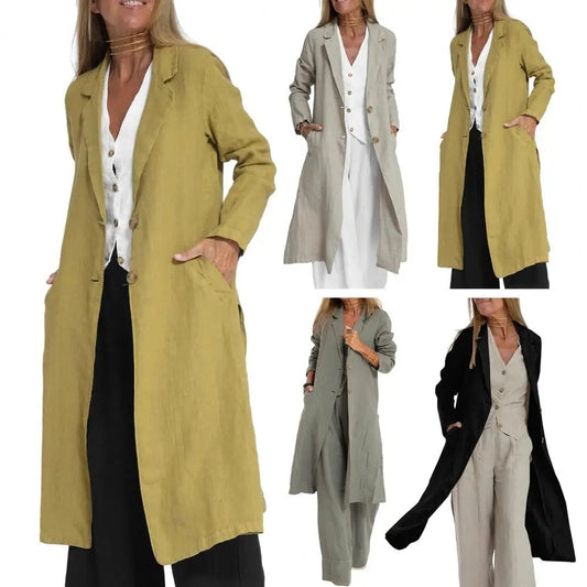 Vireous Women's Fashion Casual Cotton Linen Suit-Collar Trench Coat