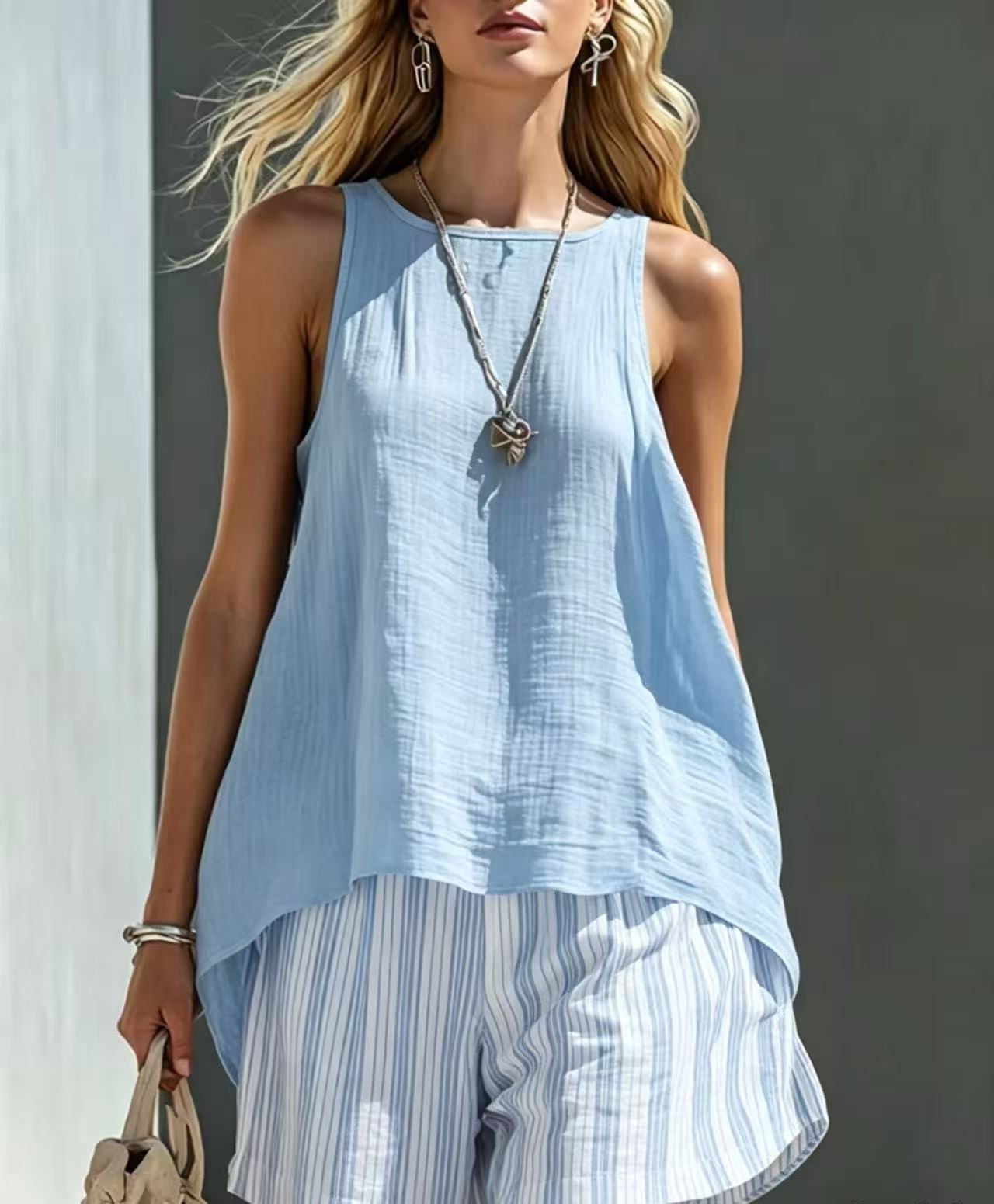 Vireous Linen Sleeveless Summer Shirt, Womens Loose-Fitting Button-Up Top