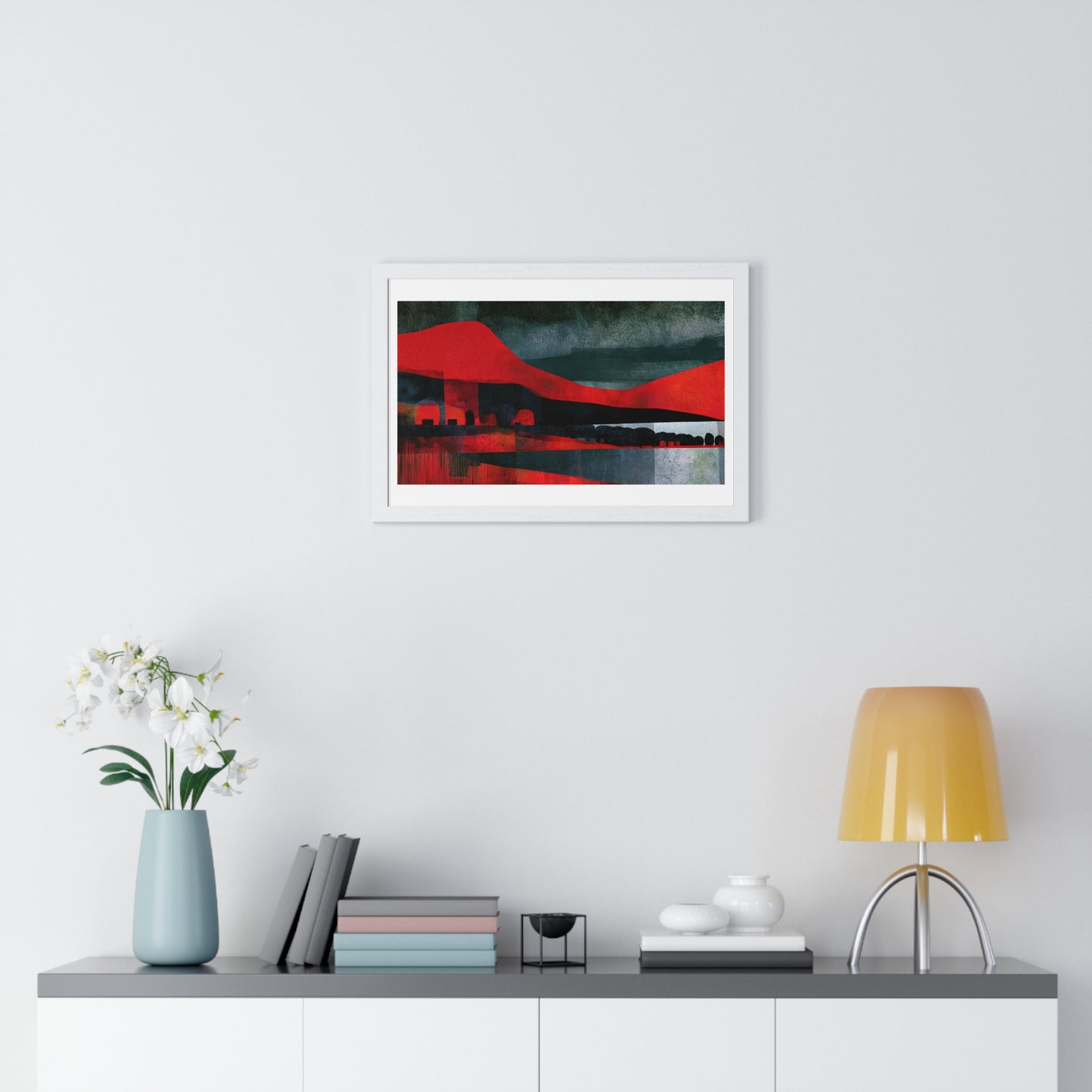 Unreal Landscape, Red and Grey Decor Art, Large Framed Print