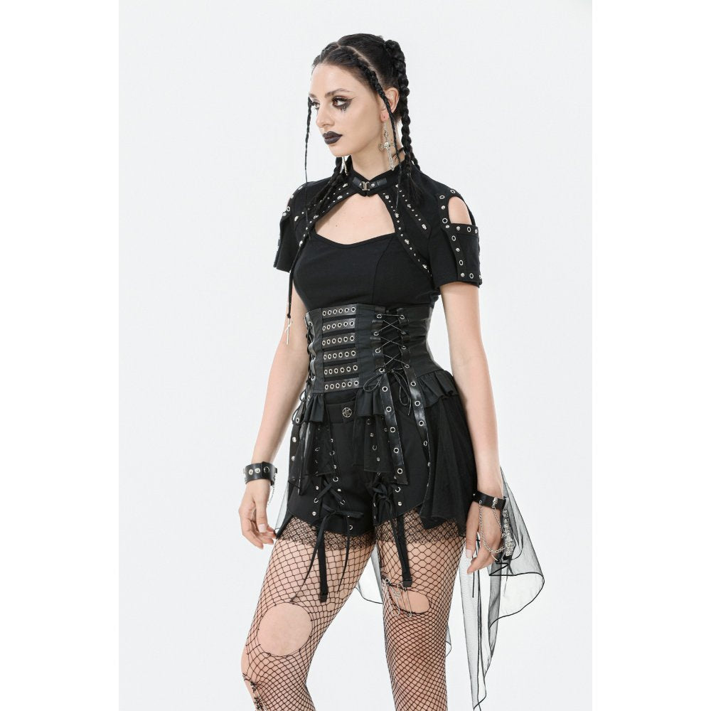 Dark in Love Draven Layered Mesh and Faux Leather Waist Cincher Skirt
