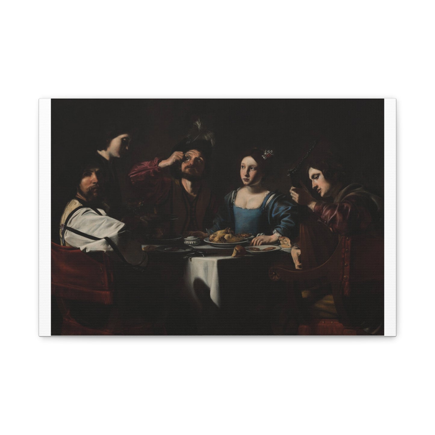 Banquet Scene with a Lute Player (1625) by Nicolas Tournier, from the Original on Satin Canvas