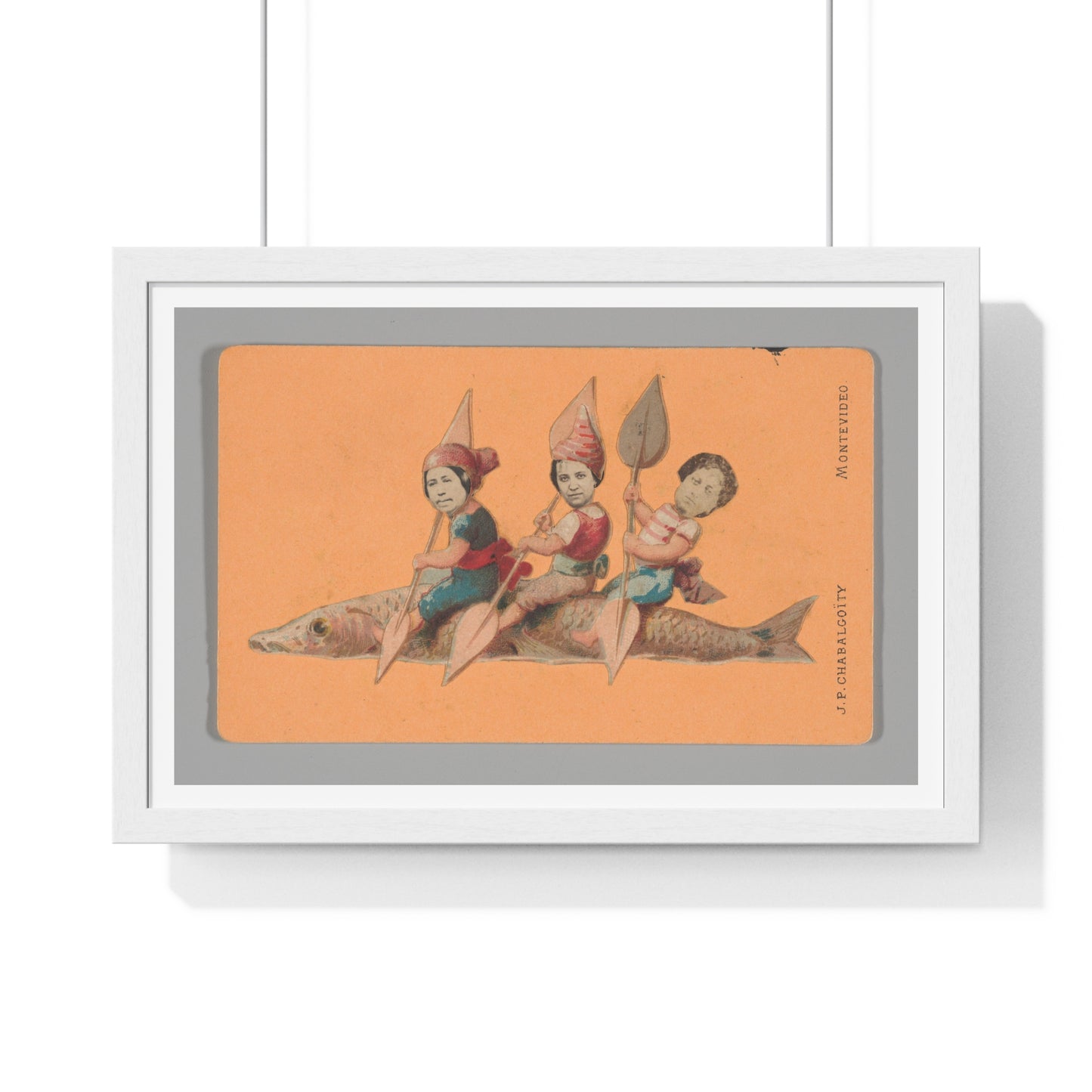 Uruguayan Photo Collage, Three People Holding Oars, Sitting on a Large Fish (circa 1875) Framed Art Print