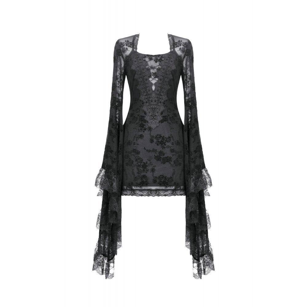 Dark In Love Minerva Bell-Sleeve Lace Dress in Black