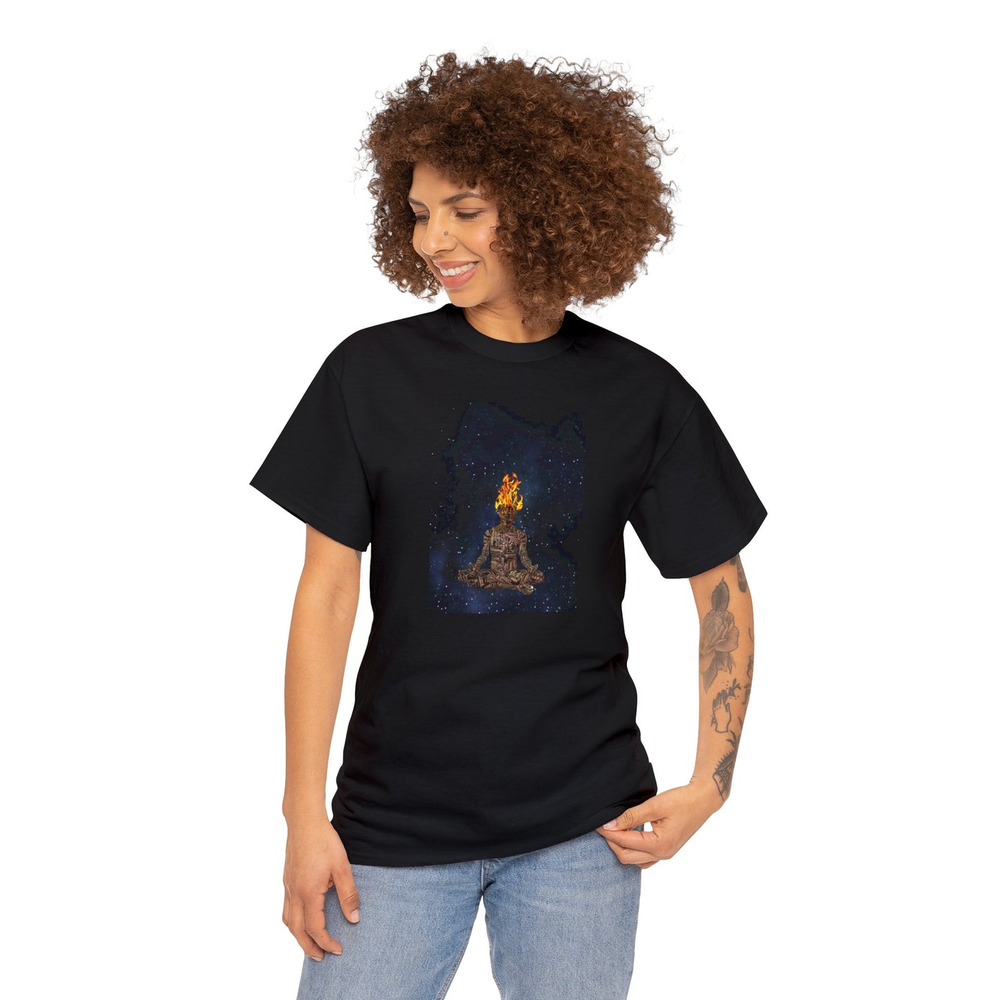 Droid Meditation Burning Head Design Cotton T-Shirt