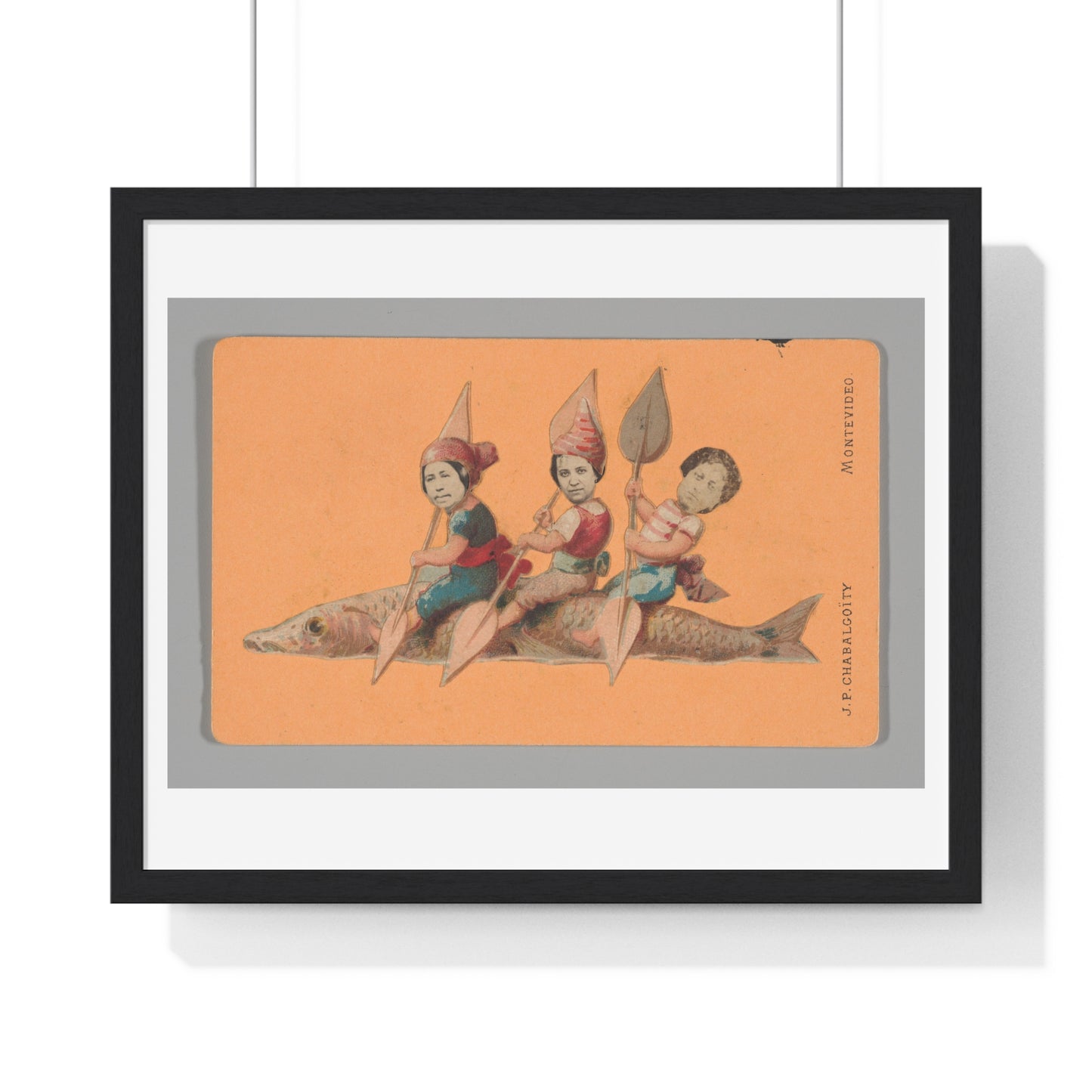 Uruguayan Photo Collage, Three People Holding Oars, Sitting on a Large Fish (circa 1875) Framed Art Print