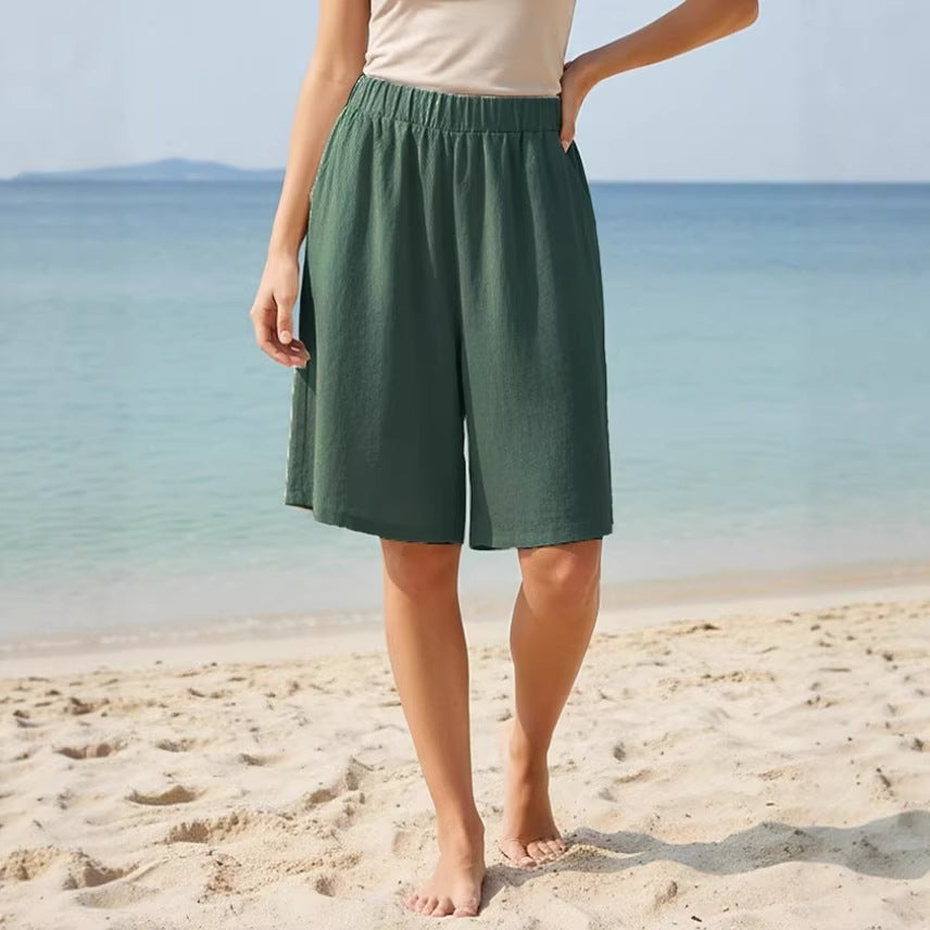 Women's Summer Loose Casual Cotton-Linen Elastic-Waist Capri Shorts