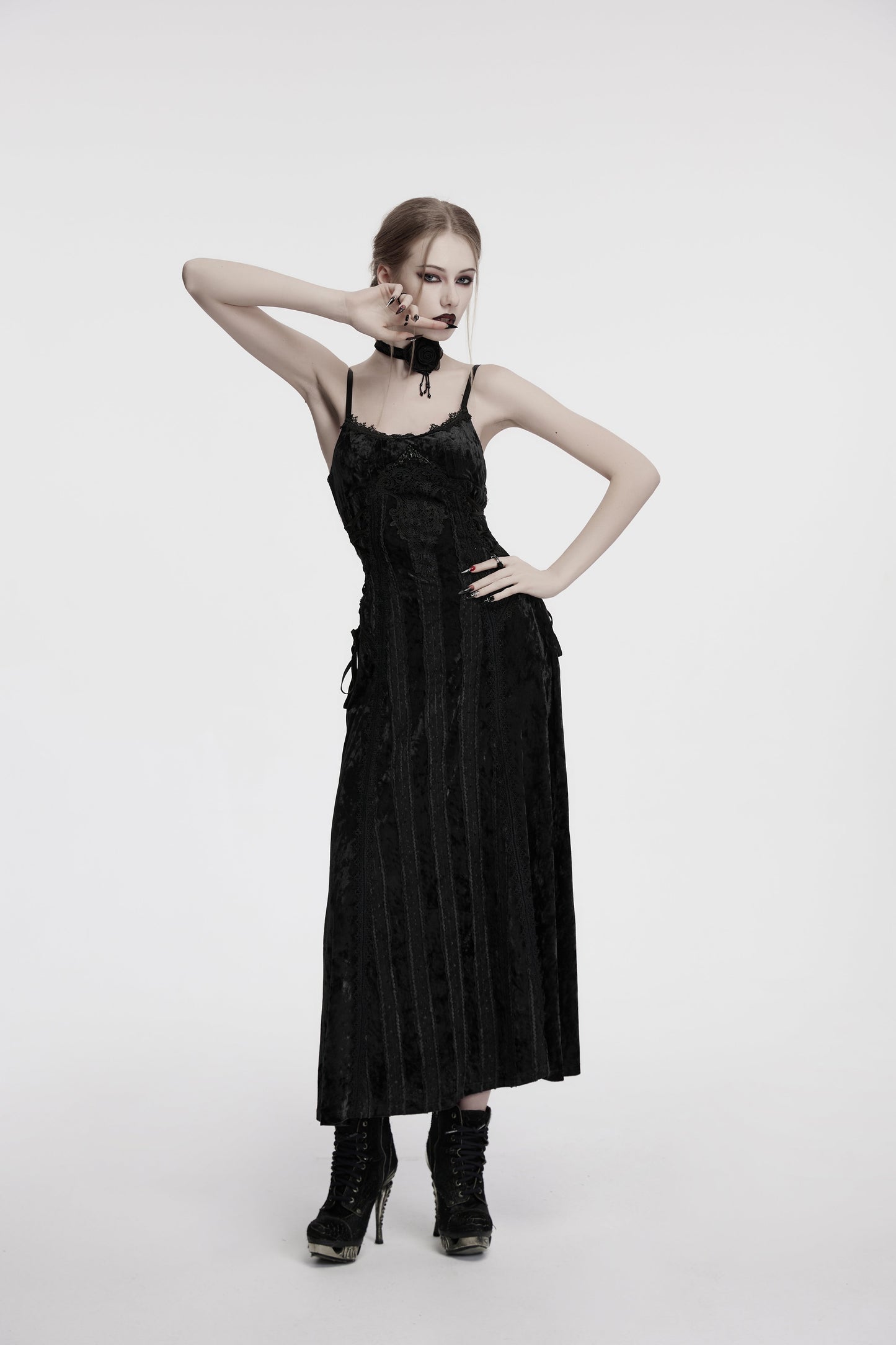 Punk Rave Morrigan Embroidered Velvet Goth Slip Dress in Black