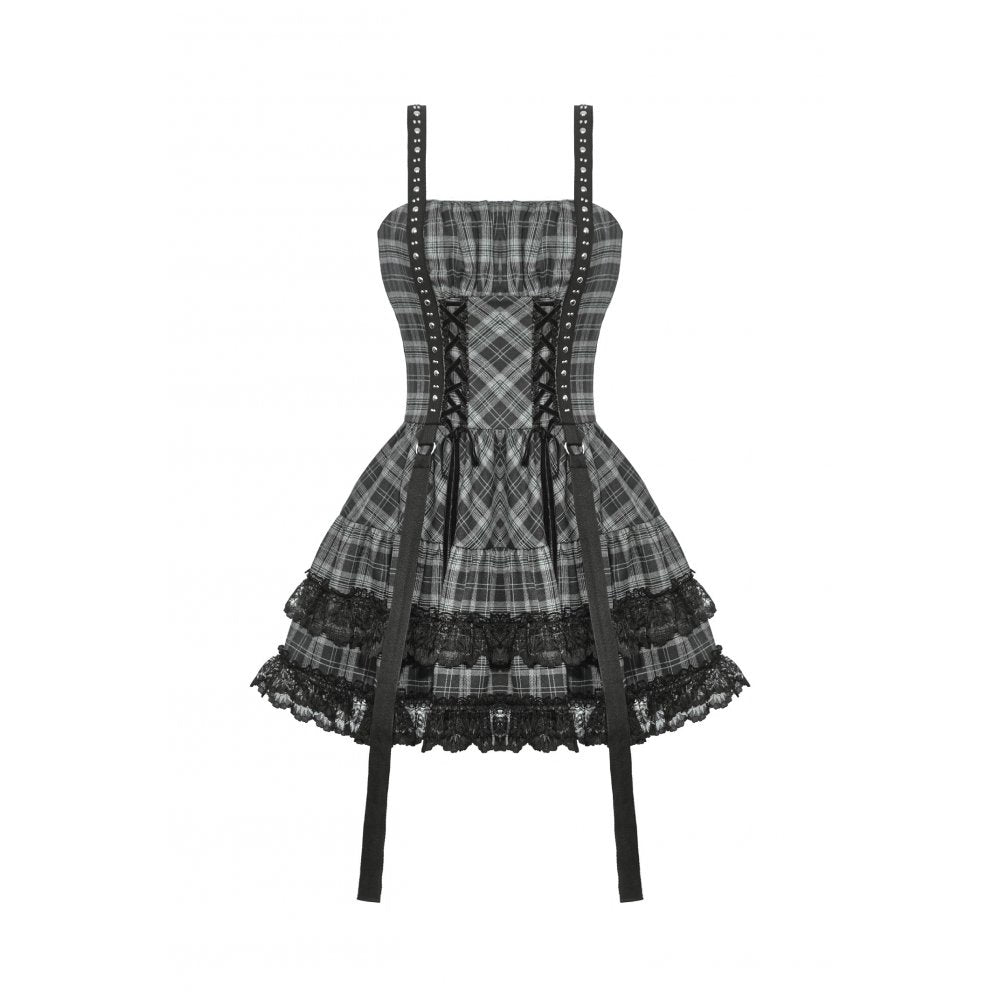 Dark in Love Ida Punk Grey Tartan Metal-Studded Dress