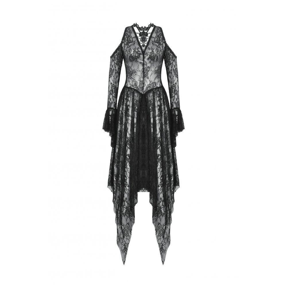 Dark in Love Carys Black Gothic Asymmetrical Lace Off-Shoulder Dress with Rhinestone Detail